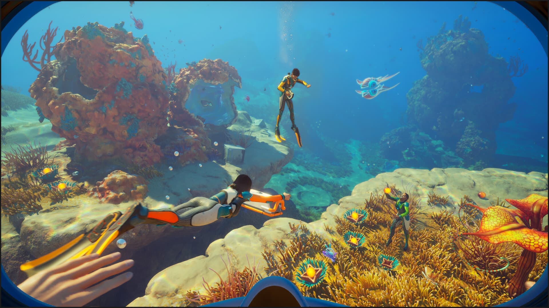 Official Subnautica 2 screenshot of multiple divers using seaglide-style tools in a bright reef — visual context for Four pre-designed characters in Abyss Atlas