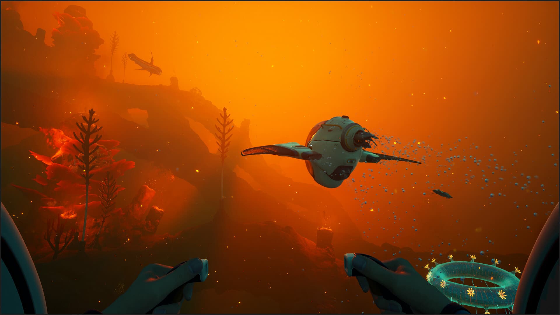Official Subnautica 2 screenshot of the Tadpole-style vehicle travelling through an orange underwater biome — visual context for Tadpole submersible in Abyss Atlas
