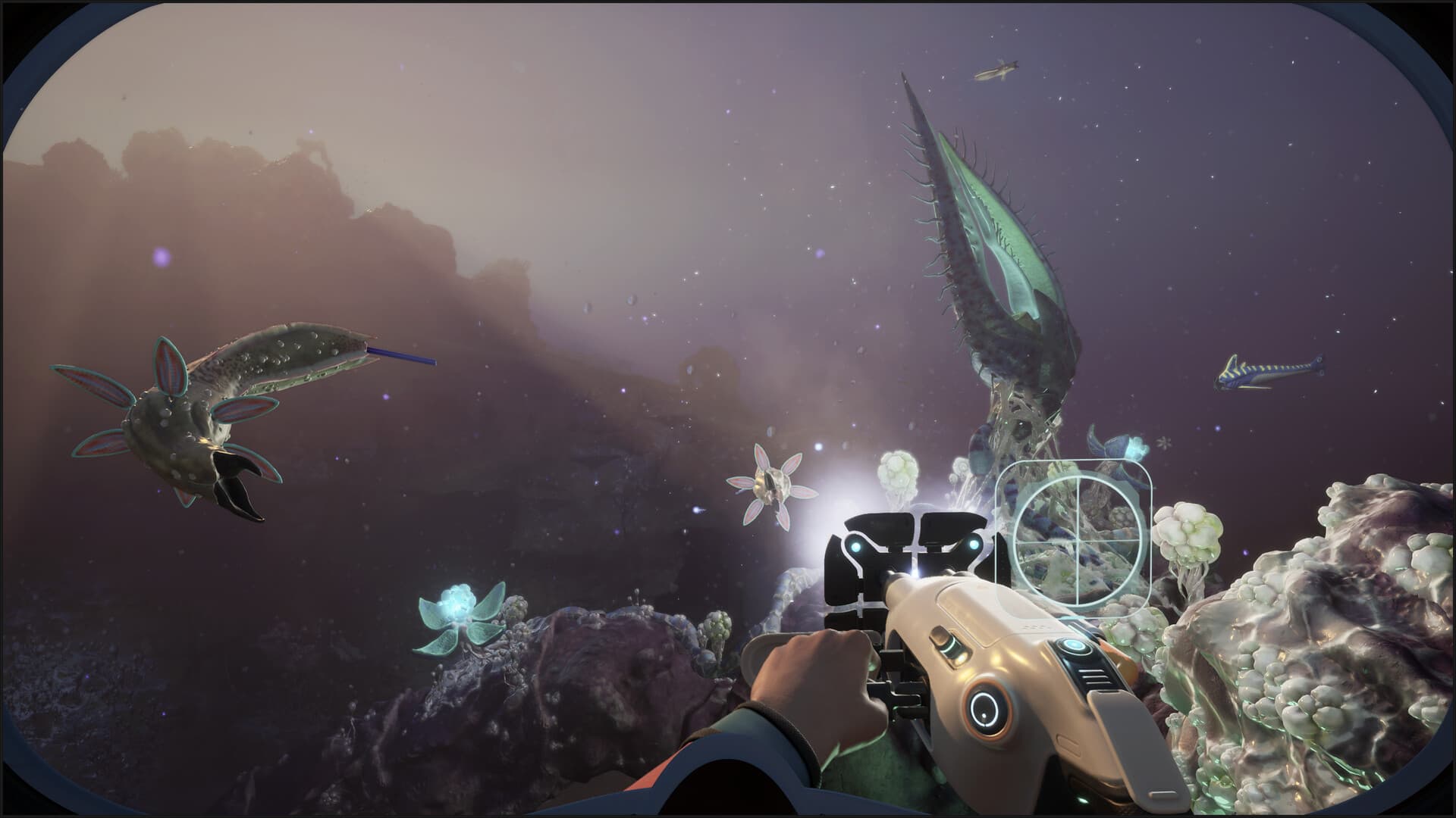 Official Subnautica 2 screenshot of a handheld scanner or multitool aimed at alien coral and creatures — visual context for Deepwing Brooder Leviathan in Abyss Atlas