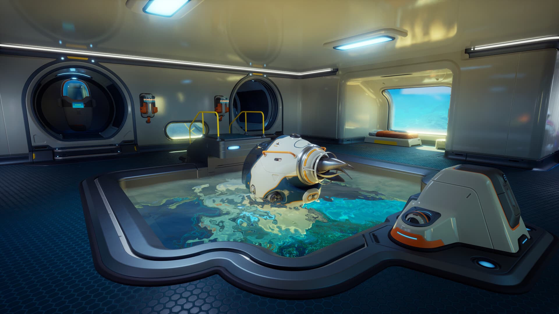 Official Subnautica 2 screenshot of a base interior with a Tadpole-style vehicle parked in a moonpool-like bay — visual context for Base modules in Abyss Atlas