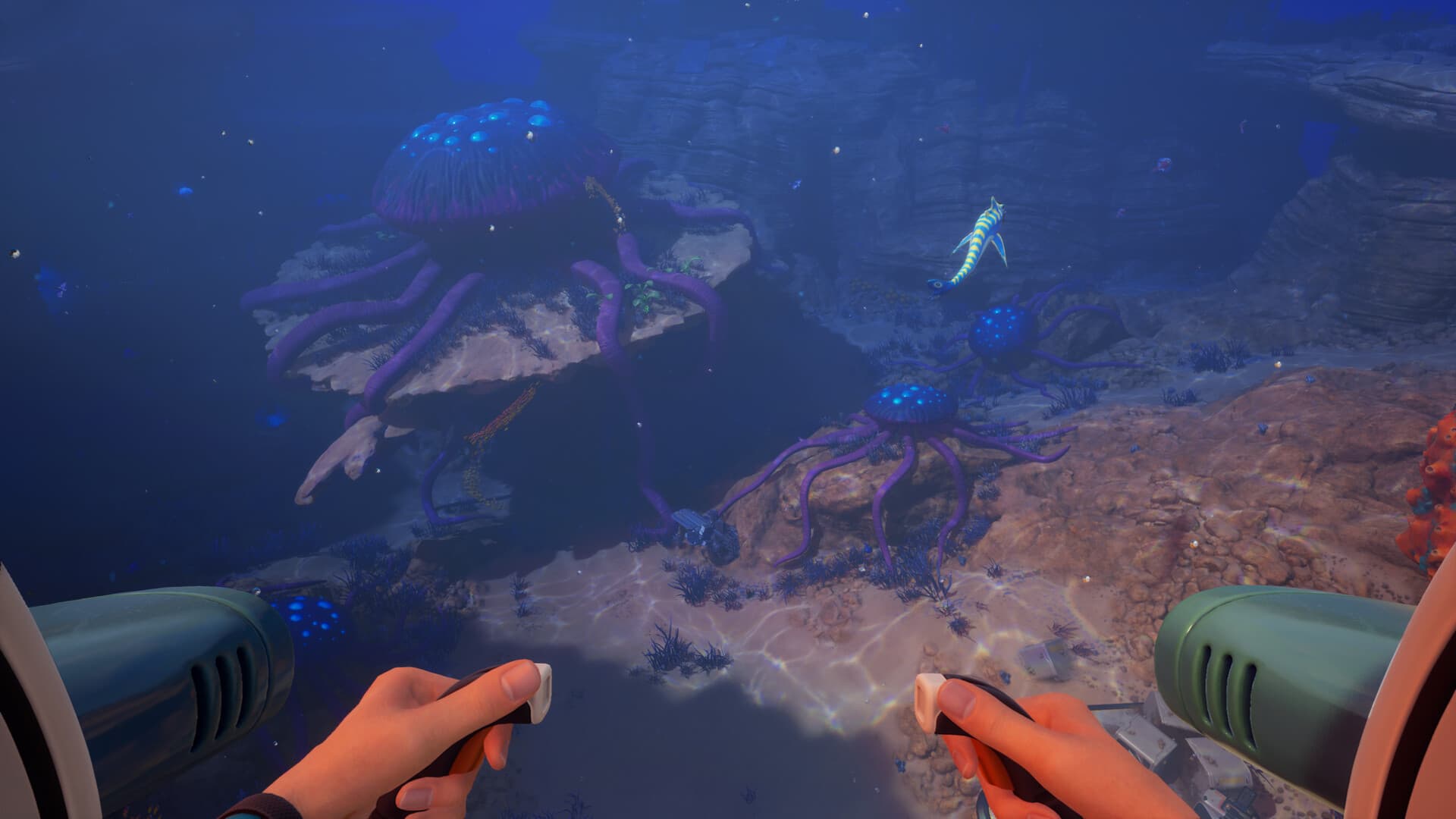 Official Subnautica 2 screenshot of a blue canyon biome with jellyfish-like alien creatures from a vehicle cockpit — visual context for Quartz in Abyss Atlas