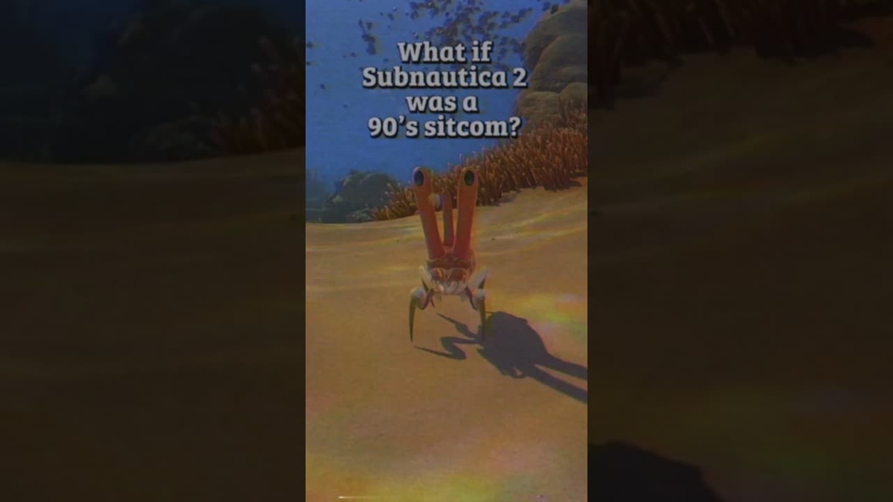 Official Subnautica YouTube Short thumbnail showing an orange eyestalk-like creature in a sitcom-style Subnautica 2 gag