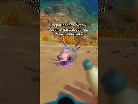 Official Subnautica YouTube Short thumbnail showing a small unnamed pink and grey-blue creature on a sandy shallow seabed
