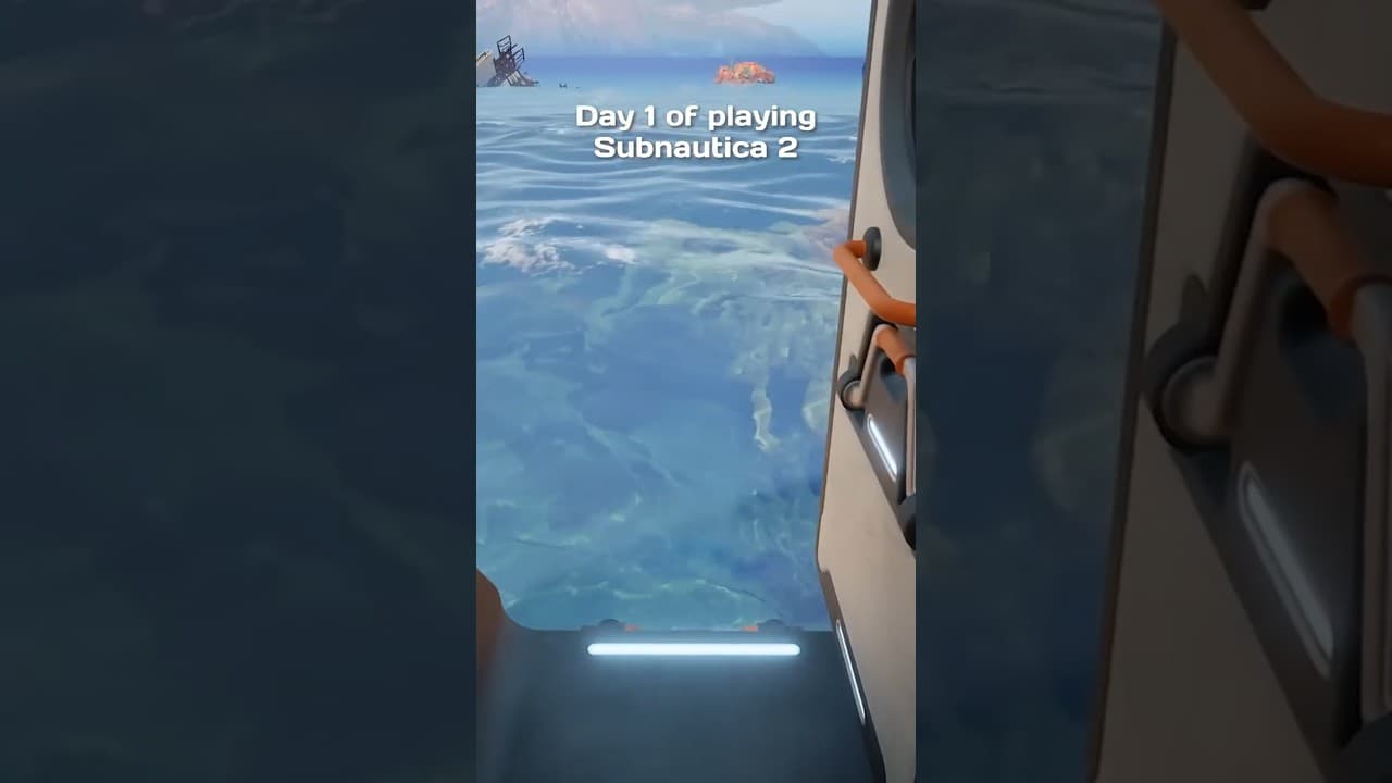 Official Subnautica YouTube Short thumbnail showing Day 1 of playing Subnautica 2 from a surface doorway